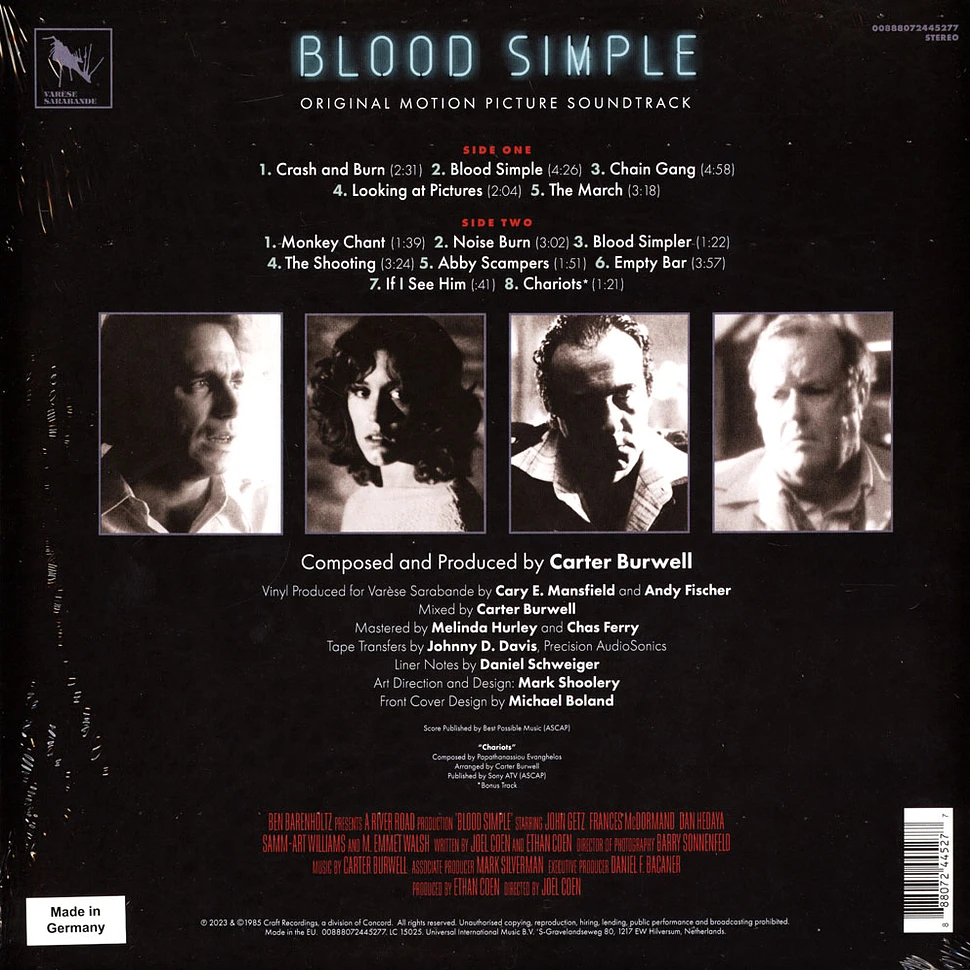 Carter Burwell - OST Blood Simple Black Friday Record Store Day 2023 Red Smoke Marbled Vinyl Edition