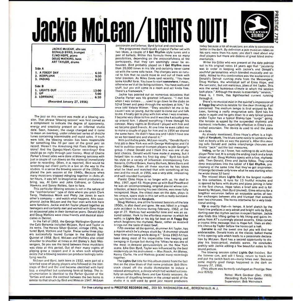 Jackie McLean Lights Out! Vinyl LP 1973 US Reissue HHV
