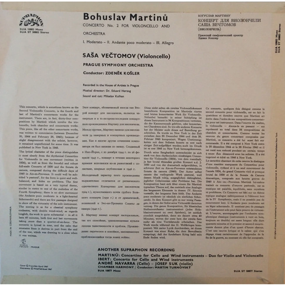Bohuslav Martinů, Saša Večtomov, The Prague Symphony Orchestra, Zdeněk Košler - Cello Concerto No. 2
