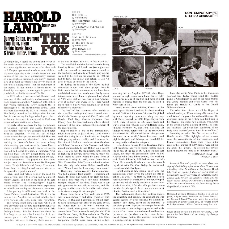 Harold Land - The Fox Limited Contemporary Records