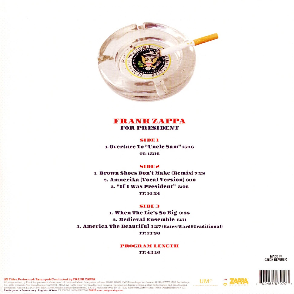 Frank Zappa - Zappa For President Record Store Day 2024 Red & Blue Splatter Vinyl Edition
