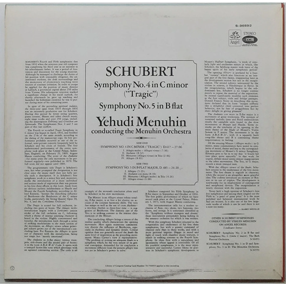 Franz Schubert / Yehudi Menuhin Conducting Menuhin Festival Orchestra - Symphony No. 4 In C Minor (Tragic) / Symphony No. 5 In B Flat