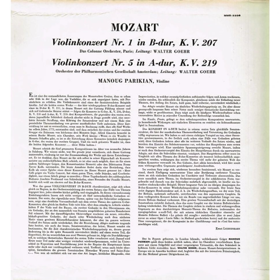 Wolfgang Amadeus Mozart, Manoug Parikian, Amsterdam Philharmonic Society Orchestra · Walter Goehr - Violin Konzert Nr. 1 In B-Dur KV. 207 / Violin Konzert Nr. 5 In A-Dur KV. 219