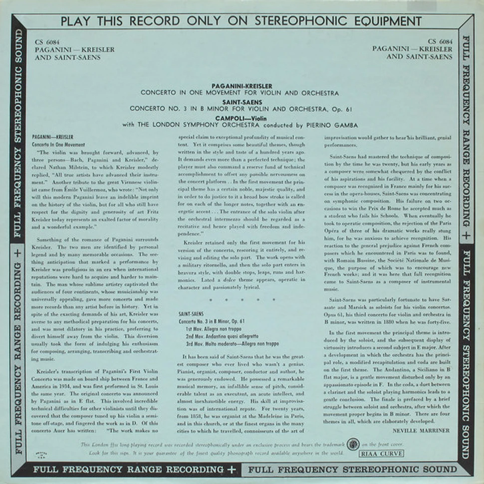 Alfredo Campoli, Niccolò Paganini - Fritz Kreisler / Camille Saint-Saëns, London Symphony Orchestra Conducted By Pierino Gamba - Concerto In One Movement For Violin And Orchestra / Concerto No. 3 In B Minor For Violin And Orchestra Opus 61