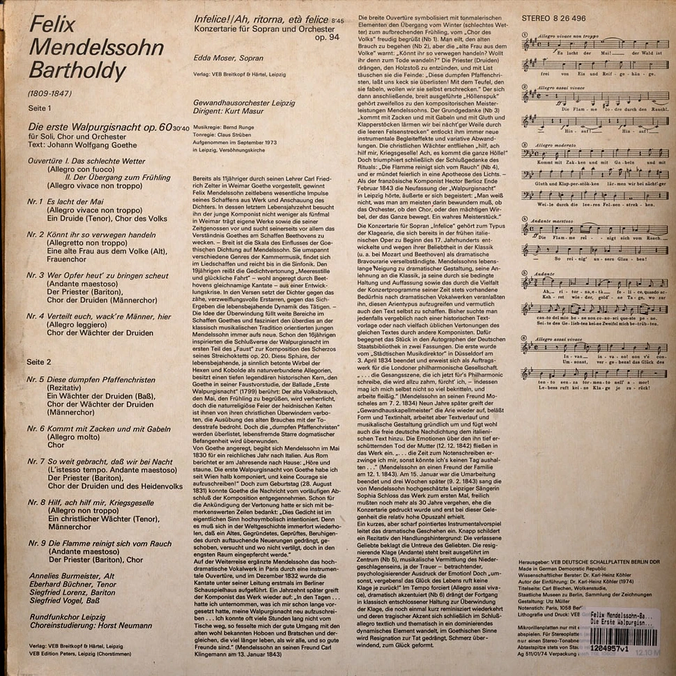 Felix Mendelssohn-Bartholdy, Edda Moser, Annelies Burmeister, Eberhard Büchner, Siegfried Lorenz, Siegfried Vogel, Rundfunkchor Leipzig, Gewandhausorchester Leipzig, Kurt Masur - Die Erste Walpurgisnacht Op. 60 (Goethe) - Infelice Op. 94