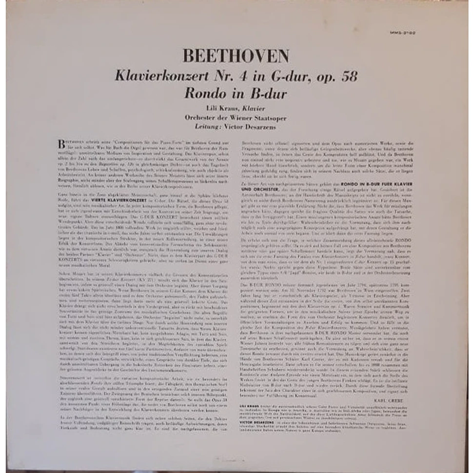 Ludwig van Beethoven / Lili Kraus / Orchester Der Wiener Staatsoper , Leitung: Victor Desarzens - Klavierkonzert Nr. 4 In G-Dur / Rondo In B-Dur Für Klavier Und Orchester