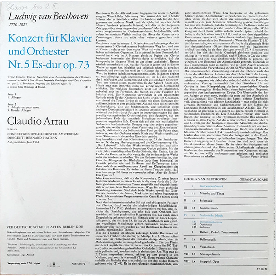 Ludwig van Beethoven, Claudio Arrau, Concertgebouworkest, Bernard Haitink - Konzert Für Klavier Und Orchester Nr. 5 Es-dur Op. 73