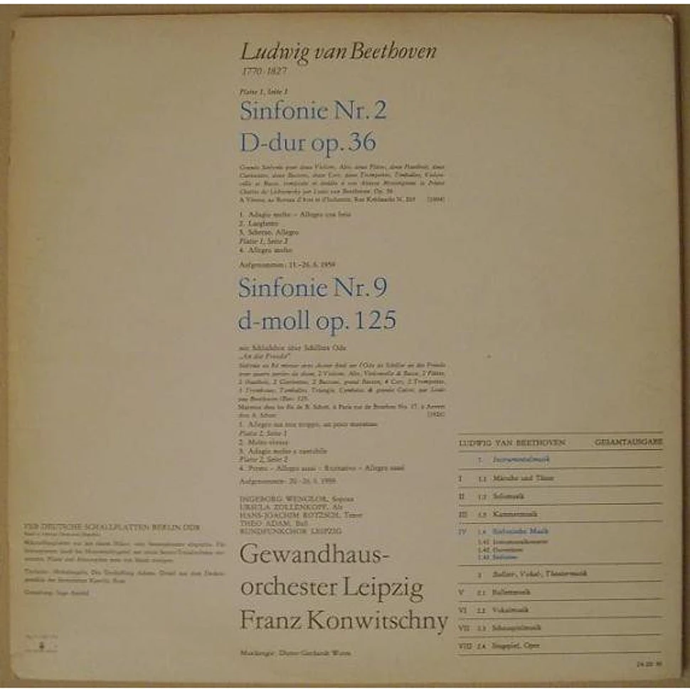 Ludwig van Beethoven, Ingeborg Wenglor, Ursula Zollenkopf, Hans-Joachim Rotzsch, Theo Adam, Rundfunkchor Leipzig, Gewandhausorchester Leipzig, Franz Konwitschny - Sinfonie Nr. 9 D-moll Op. 125 Mit Schlußchor Über Schillers Ode »An Die Freude« / Sinfonie Nr. 2 D-dur Op. 36