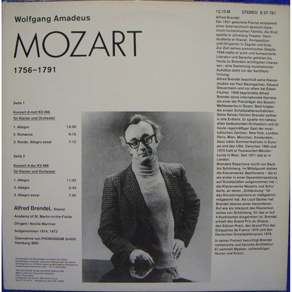 Wolfgang Amadeus Mozart - Alfred Brendel - The Academy Of St. Martin-in-the-Fields - Sir Neville Marriner - Klavierkonzerte D-moll Kv 466 / A-dur Kv 488