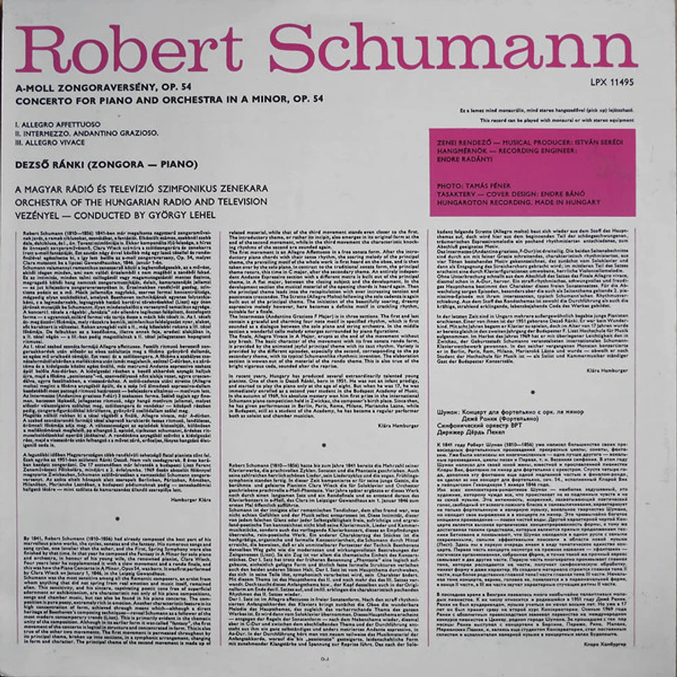 Robert Schumann, Dezső Ránki, Magyar Rádió És Televízió Szimfónikus Zenekara, György Lehel - Piano Concerto In A Minor Op. 54