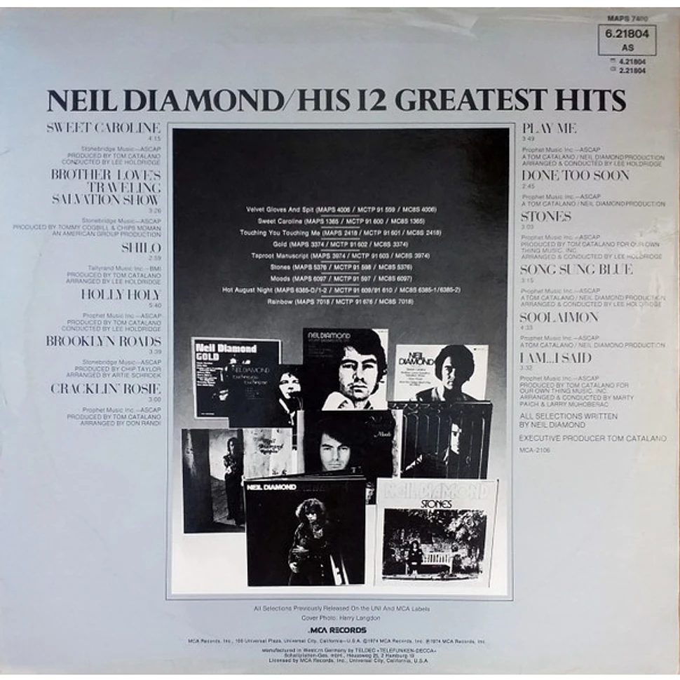 Neil Diamond His 12 Greatest Hits Vinyl LP 1974 DE