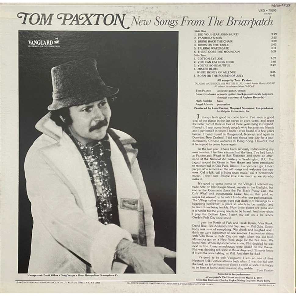 Tom Paxton - New Songs From The Briarpatch - Vinyl LP - 1977 - US